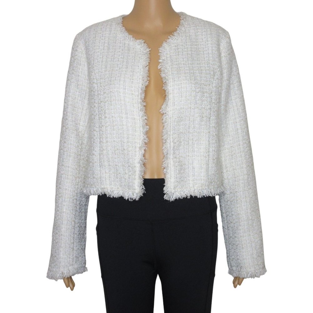 Forever 21 Women's Open Front Frayed Hem Long Sleeve Metallic Jacket LG B1-04